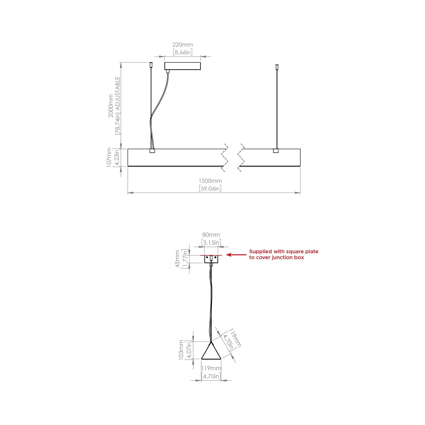 Stick LED Pendant Light - line drawing.