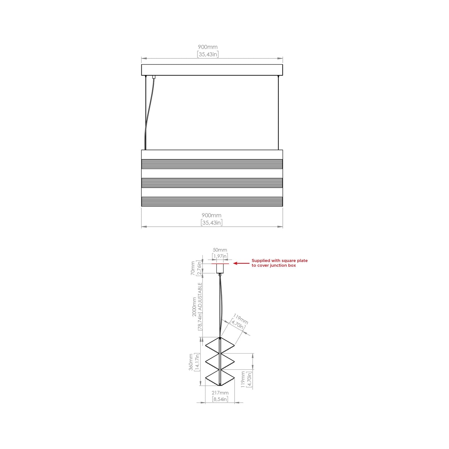 Stick LED Trio Pendant Light - line drawing.
