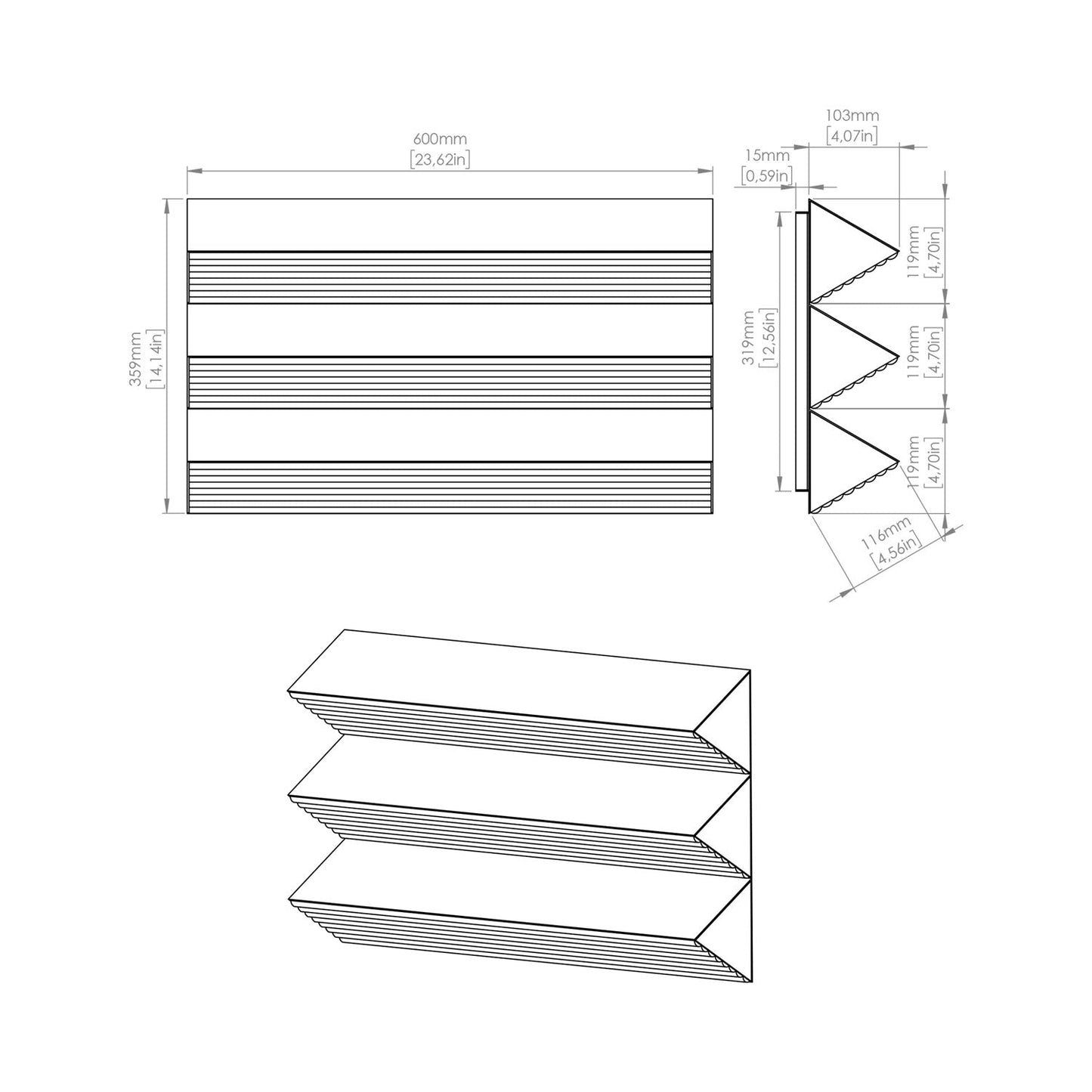 Stick LED Trio Wall Light - line drawing.