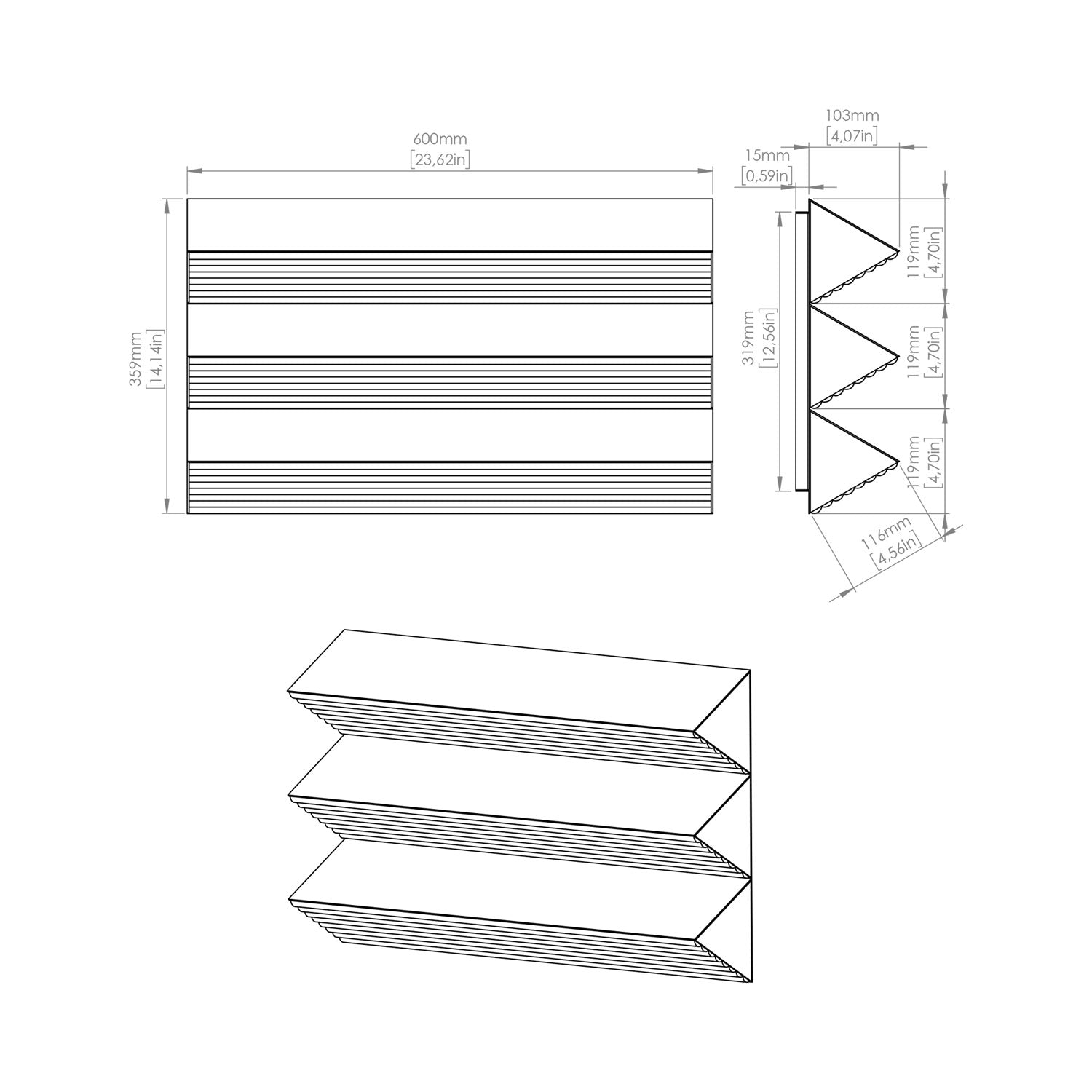 Stick LED Trio Wall Light - line drawing.