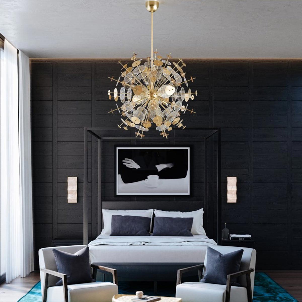 Gleason Chandelier in bedroom.