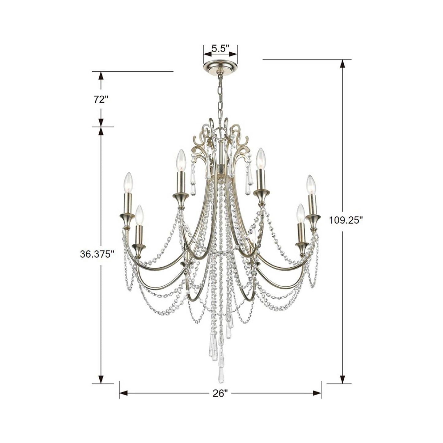 Arcadia Multi-Light Chandelier - line drawing.
