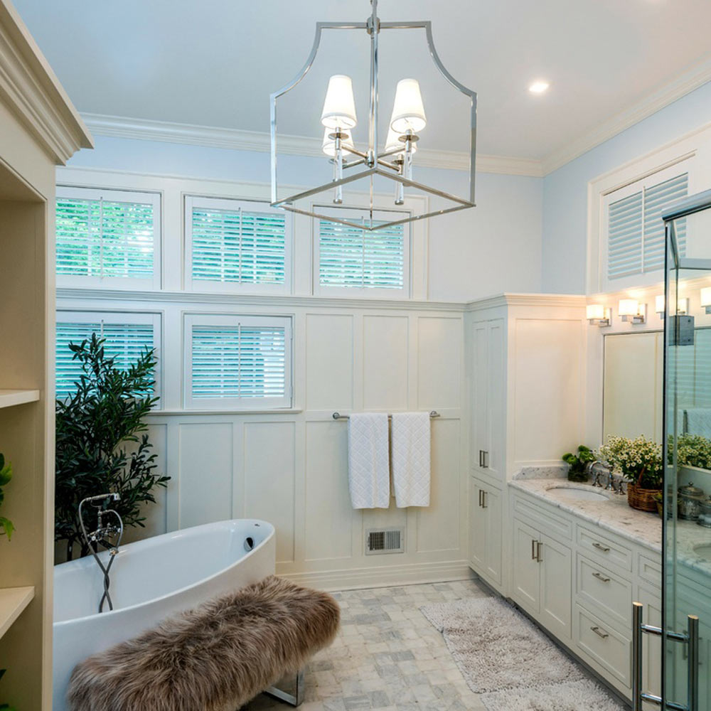 Baxter Chandelier in bathroom.