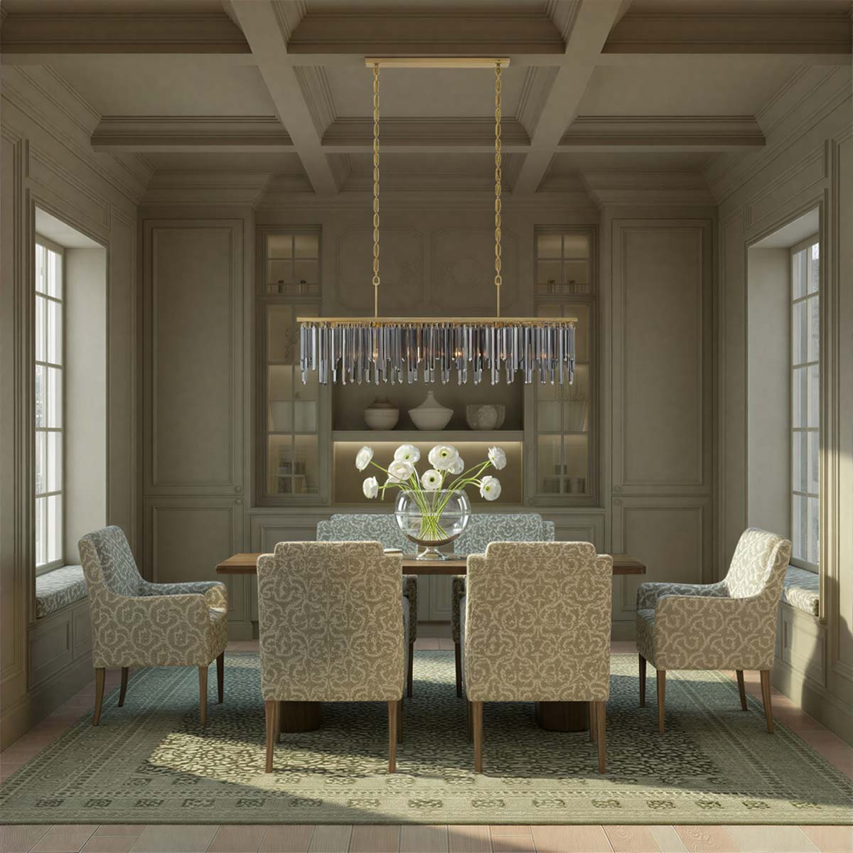 Gemma Linear Chandelier in dining room.