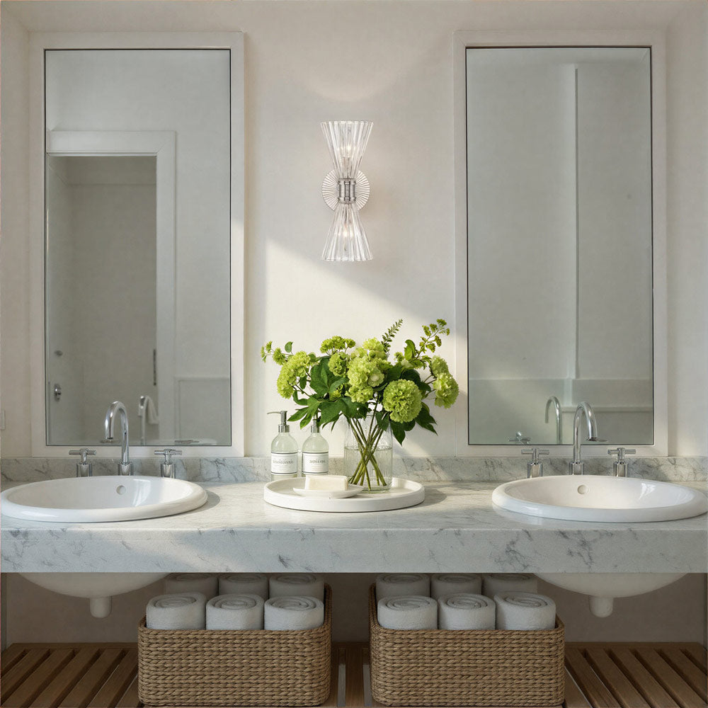 Lotus Double Cone Wall Light in bathroom.