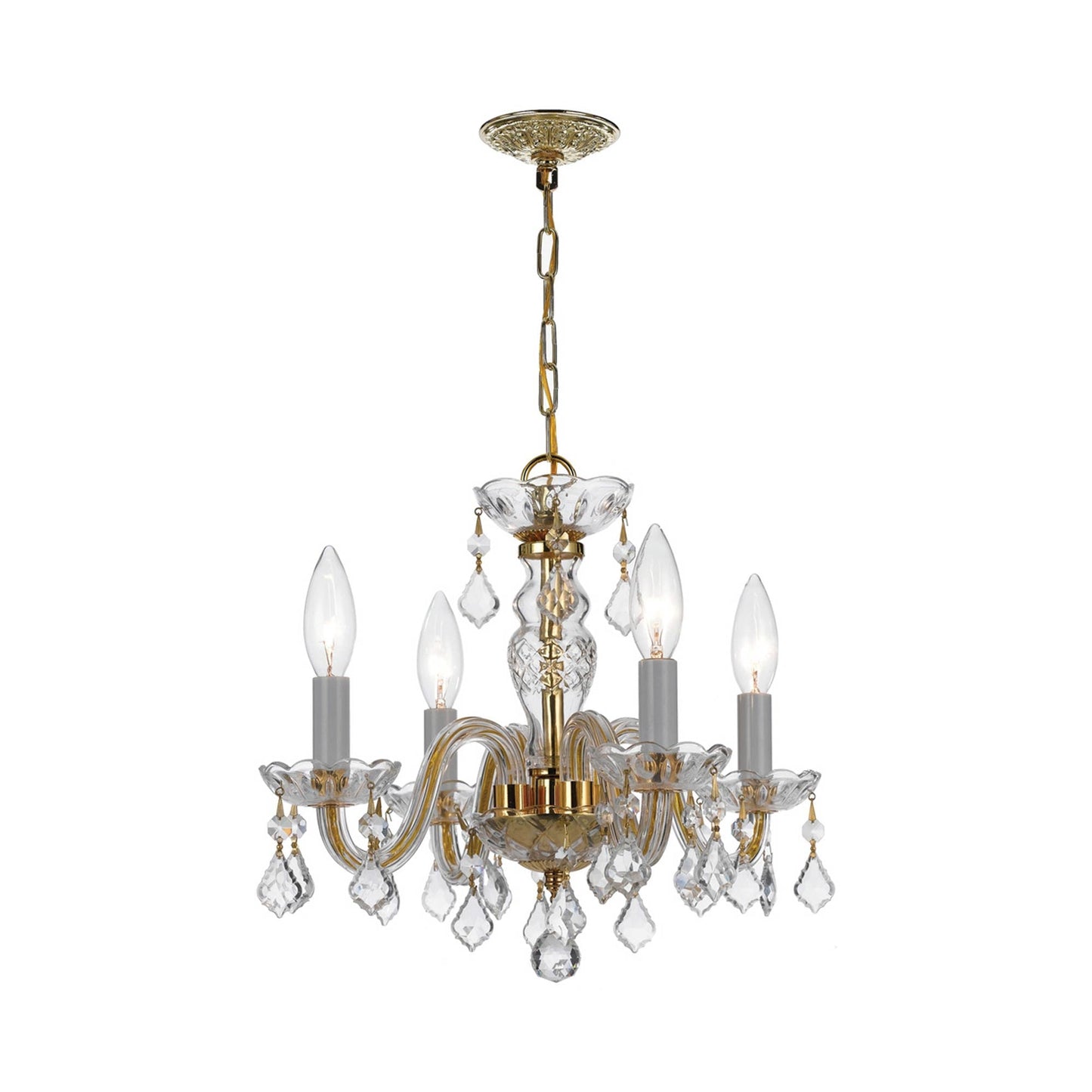 Traditional Crystal Mini Chandelier in Polished Brass (15-Inch/4-Light).