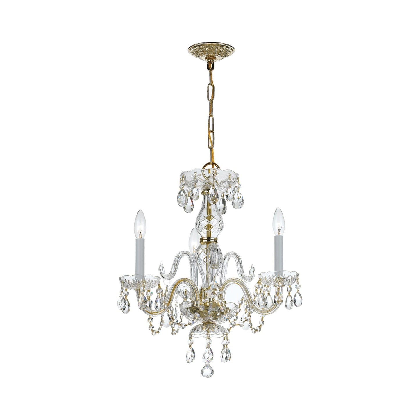 Traditional Crystal Mini Chandelier in Polished Brass (16-Inch/3-Light).