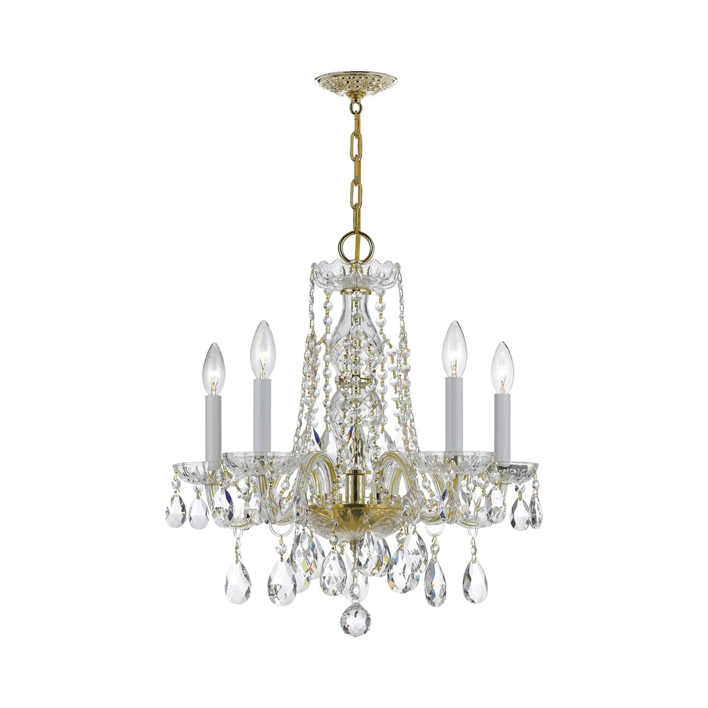 Traditional Crystal Mini Chandelier in Polished Brass (18-Inch/5-Light).