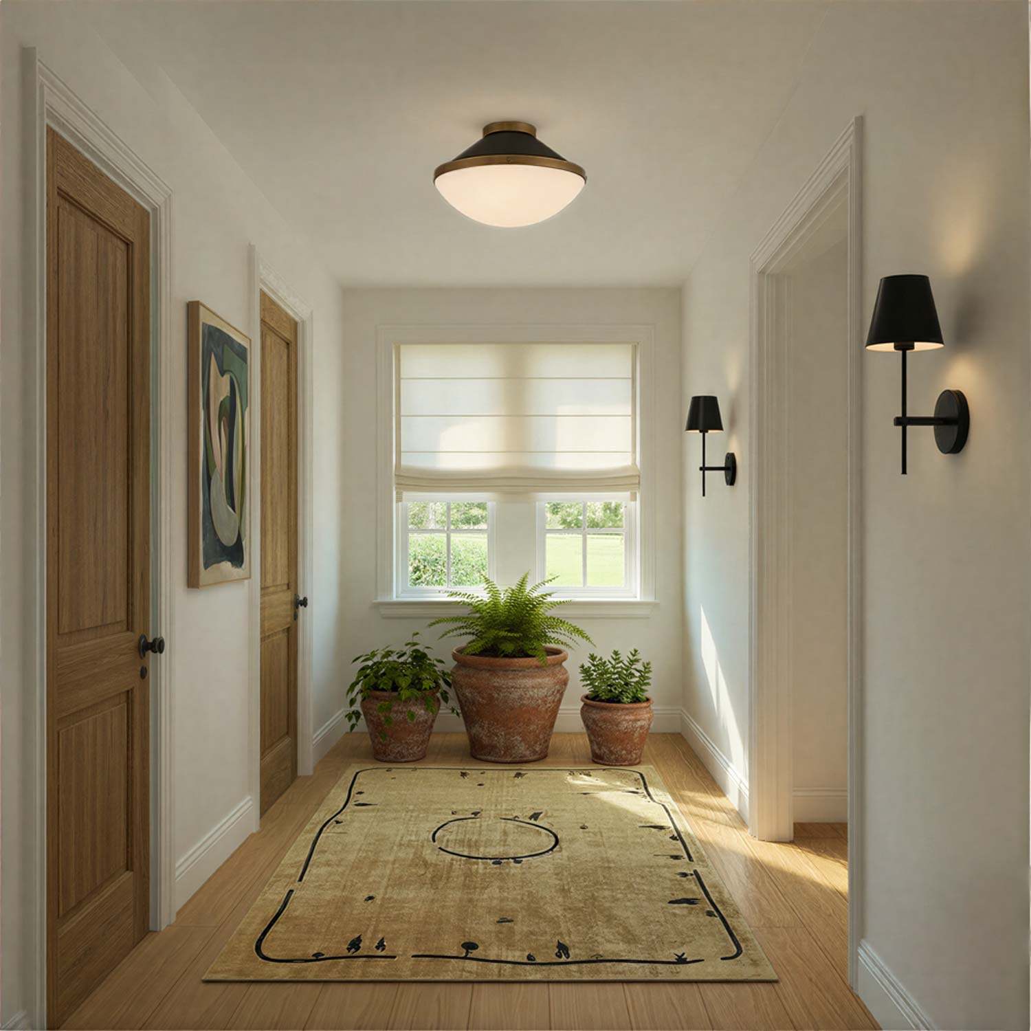 Xander Flush Mount Ceiling Light in hallway.