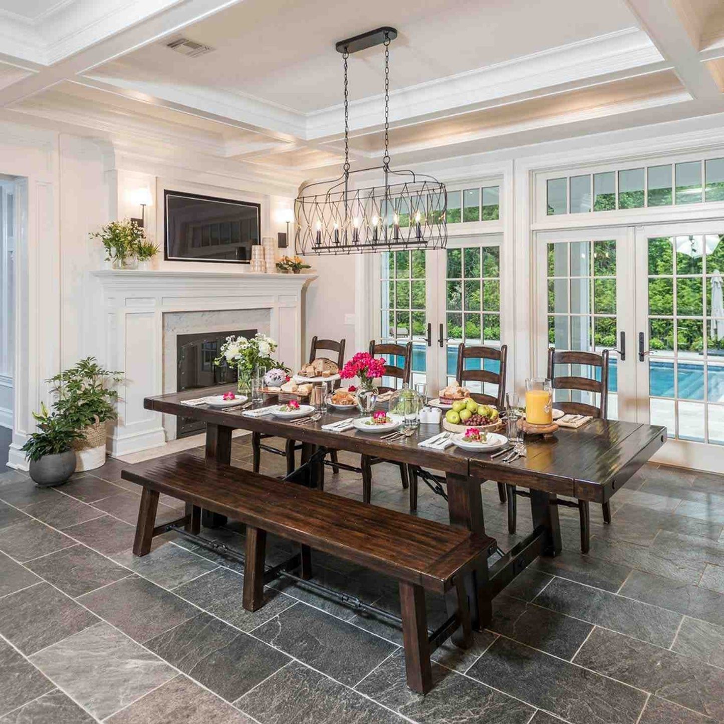 Zucca Linear Chandelier in dining room.