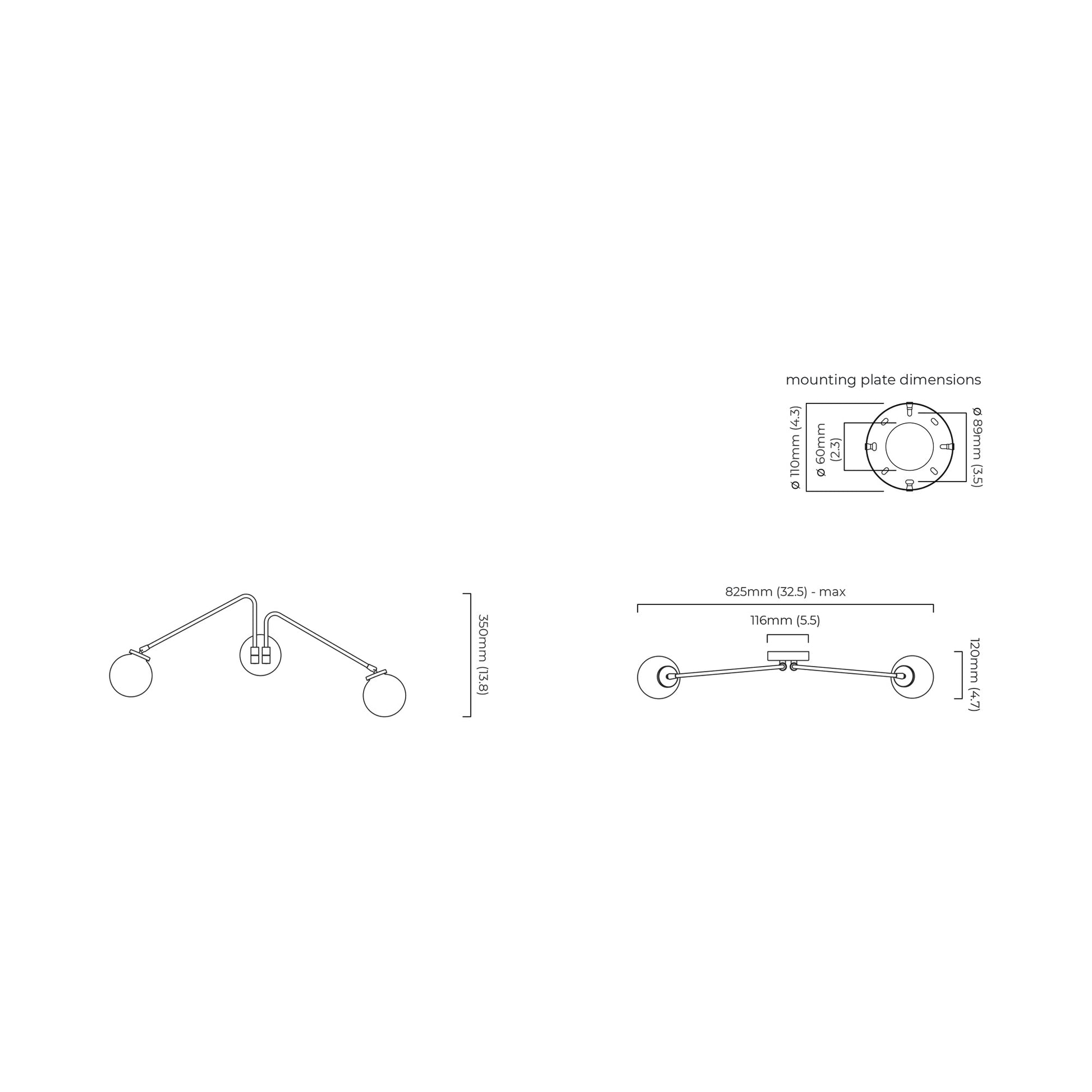 Array Twin Opal Wall Light - line drawing.
