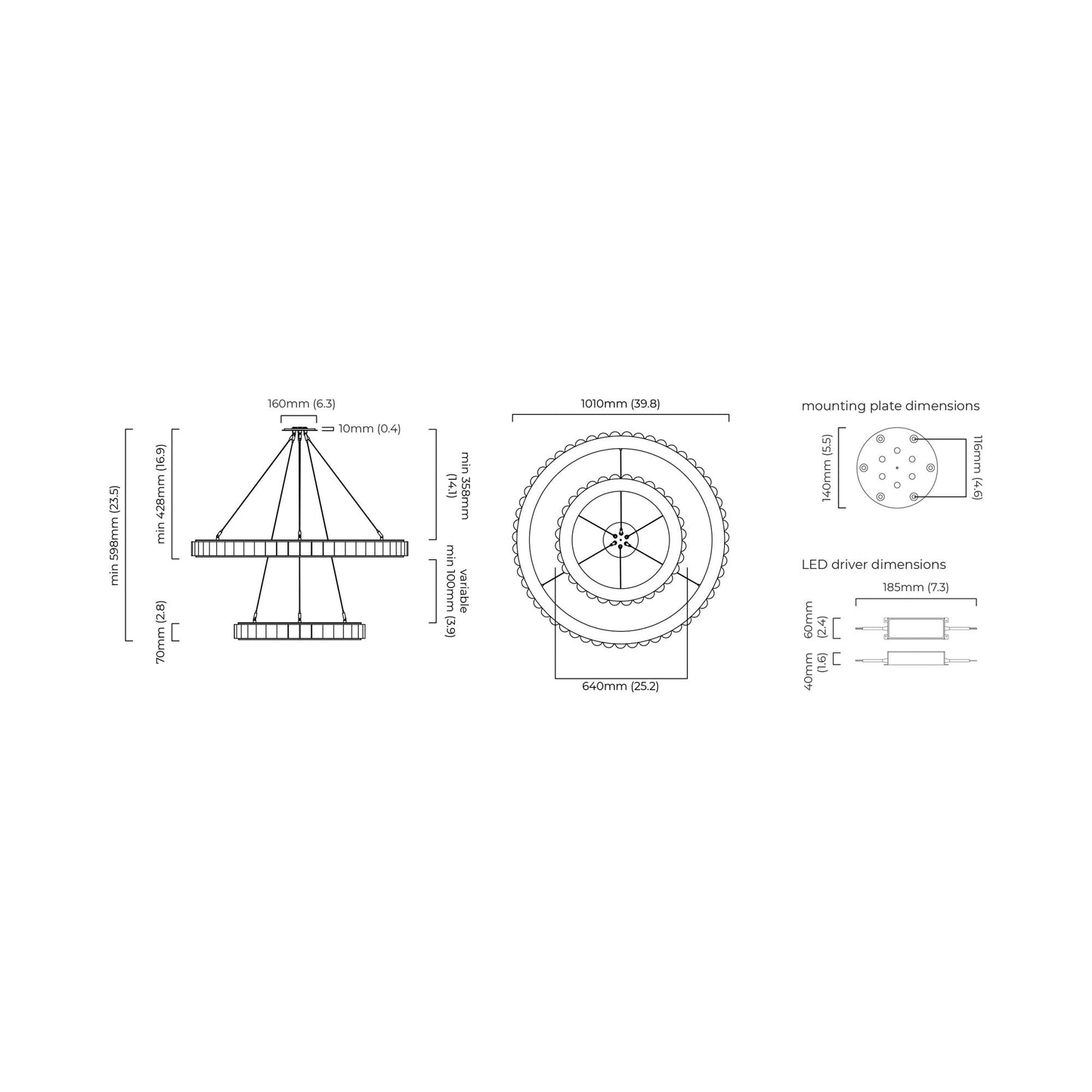 Avalon Halo LED Chandelier - line drawing.