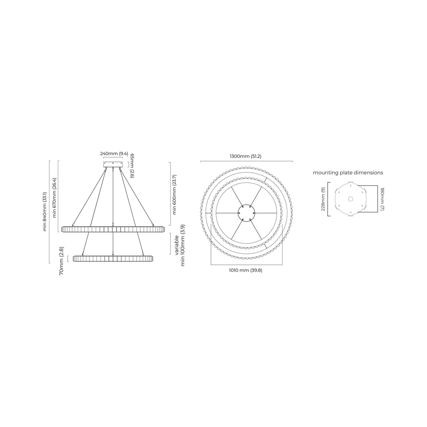 Avalon Halo LED Chandelier - line drawing.