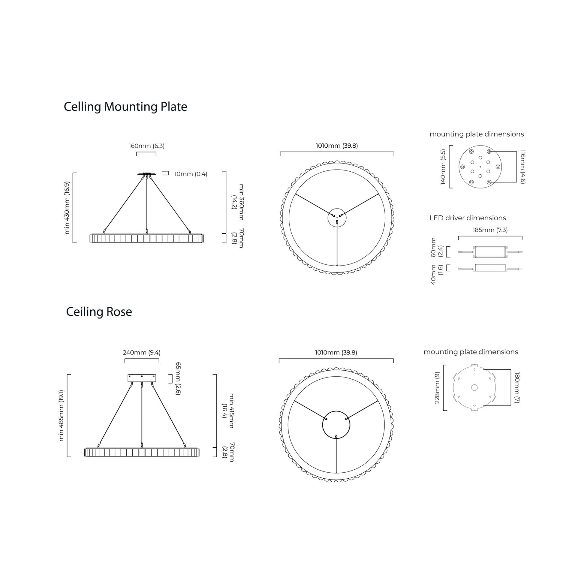 Avalon LED Chandelier - line drawing.