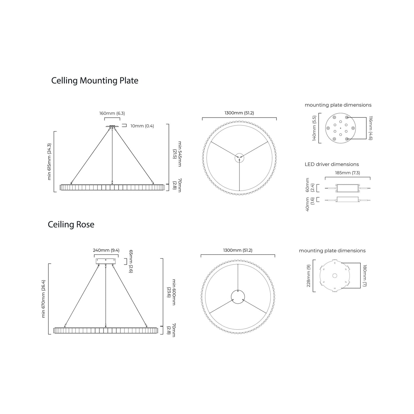 Avalon LED Chandelier - line drawing.