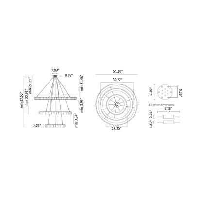 Avalon Triple LED Chandelier - line drawing.