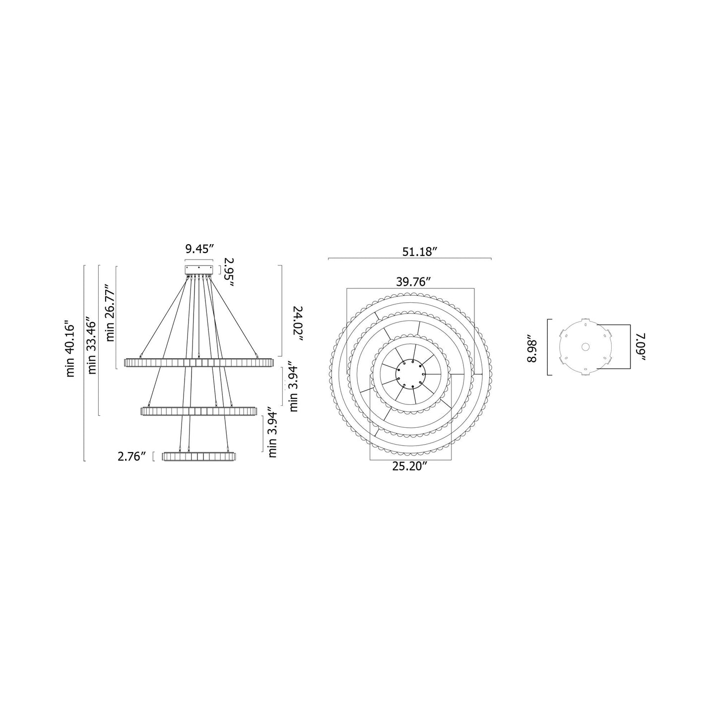 Avalon Triple LED Chandelier - line drawing.
