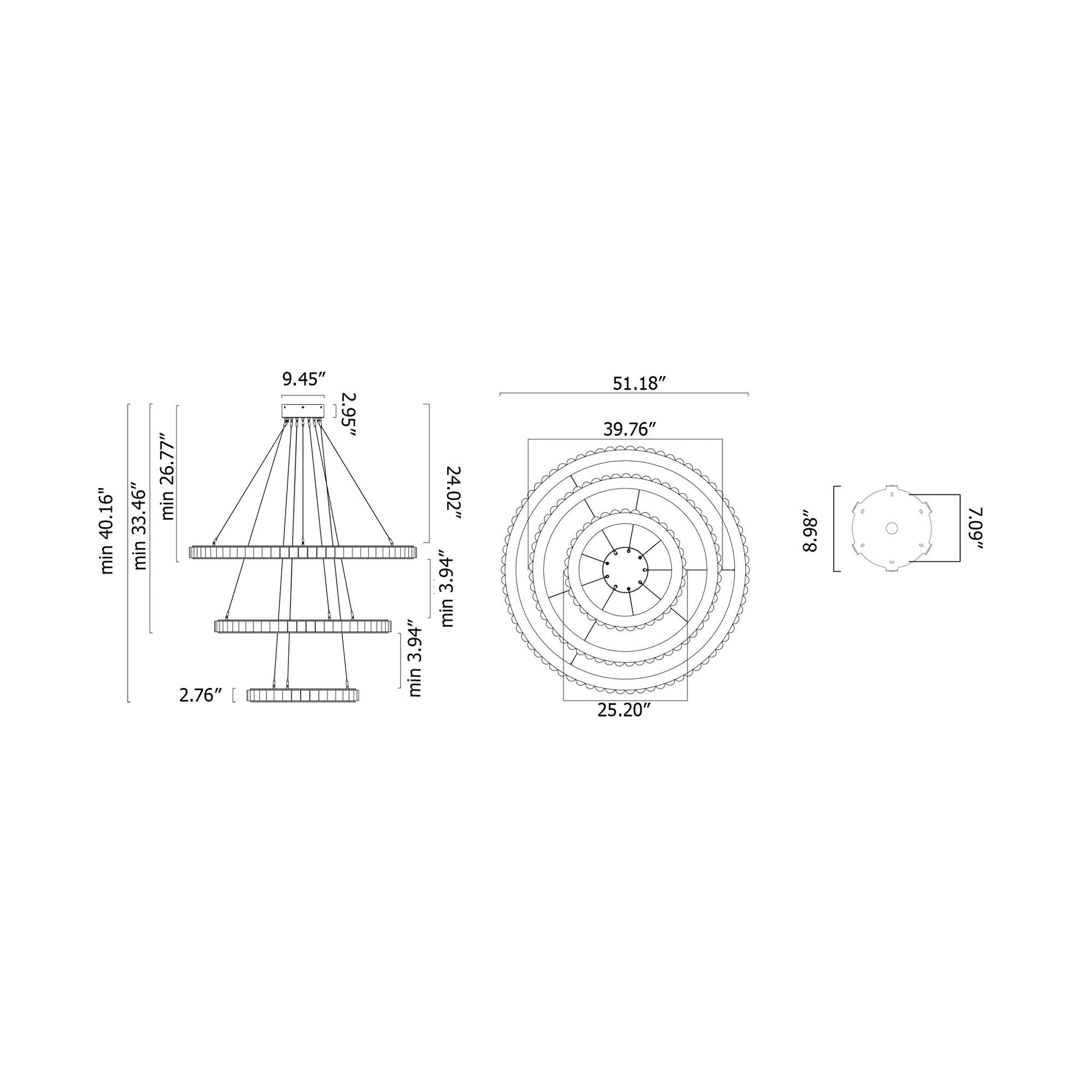Avalon Triple LED Chandelier - line drawing.