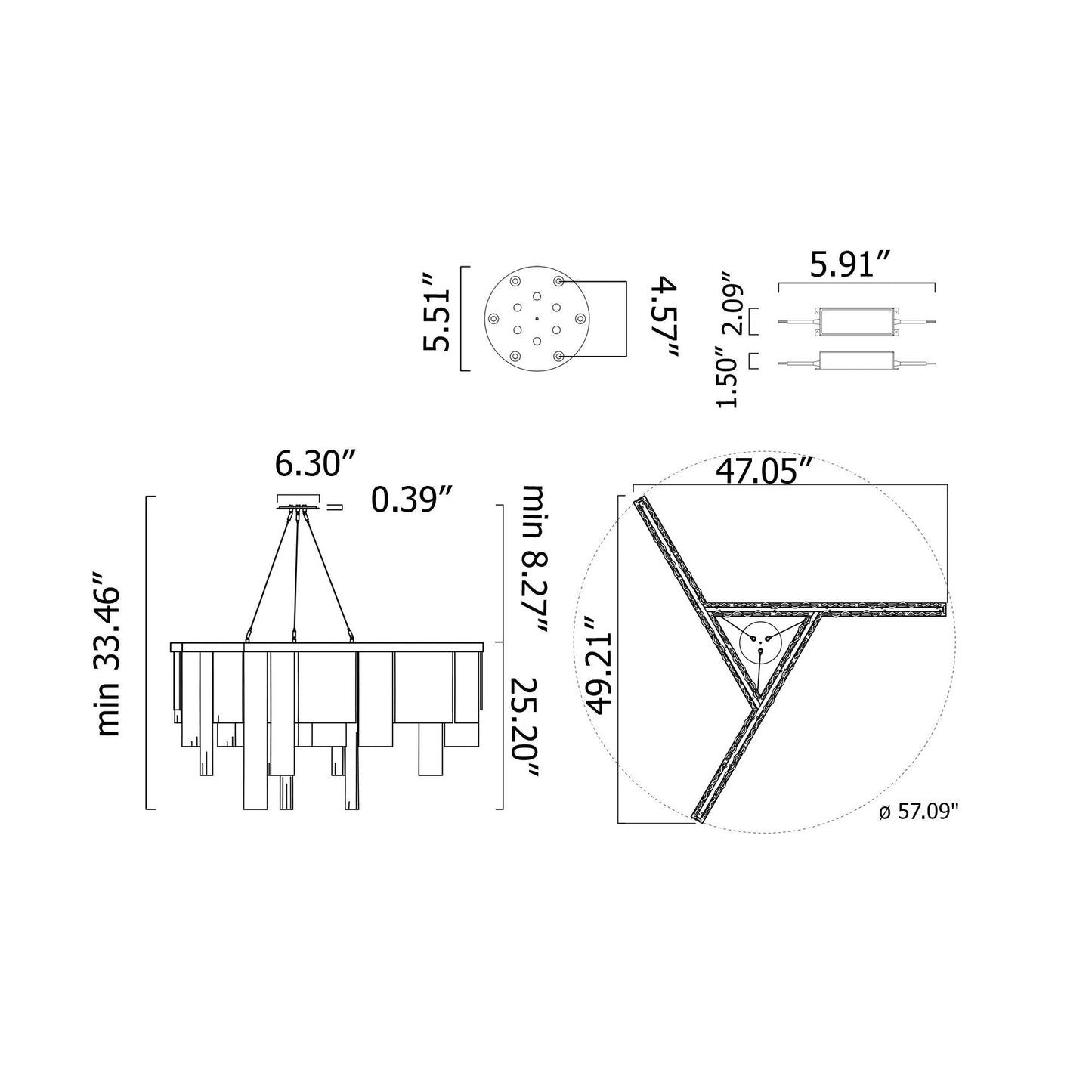 Cascata LED Chandelier - line drawing.