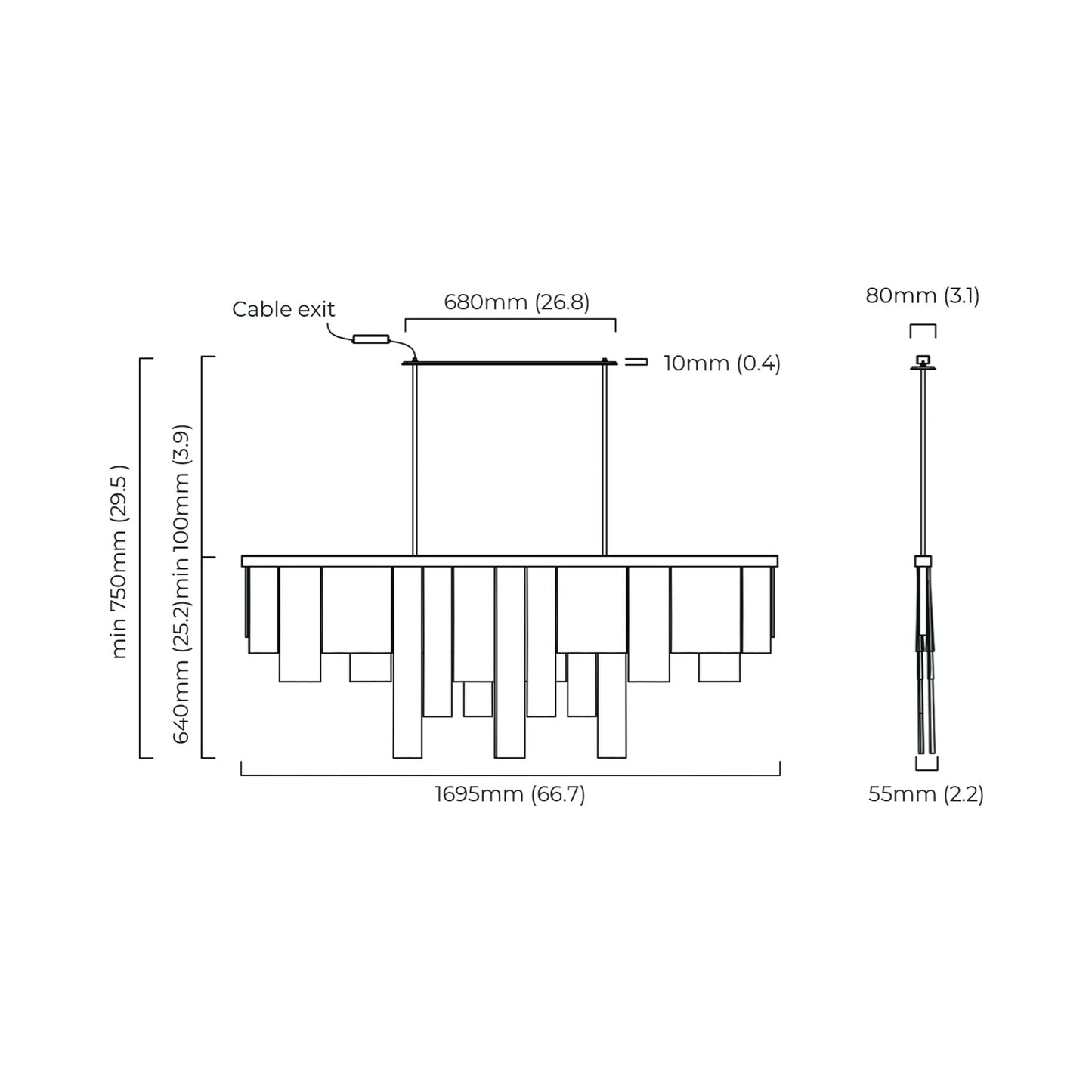 Cascata Long LED Chandelier - line drawing. 