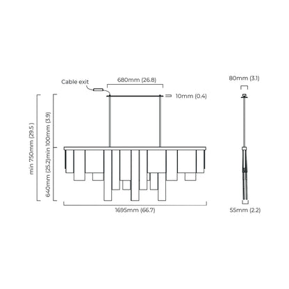 Cascata Long LED Chandelier - line drawing. 