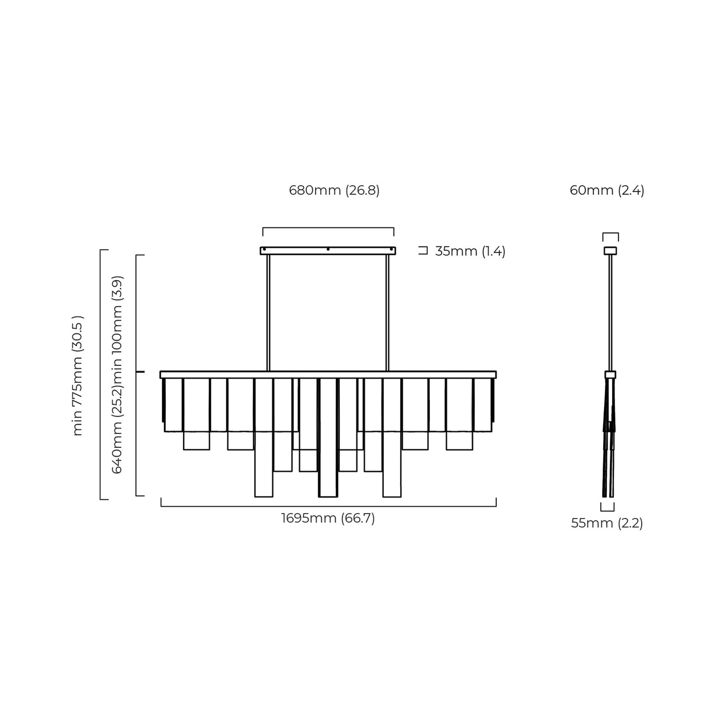 Cascata Long LED Chandelier - line drawing. 