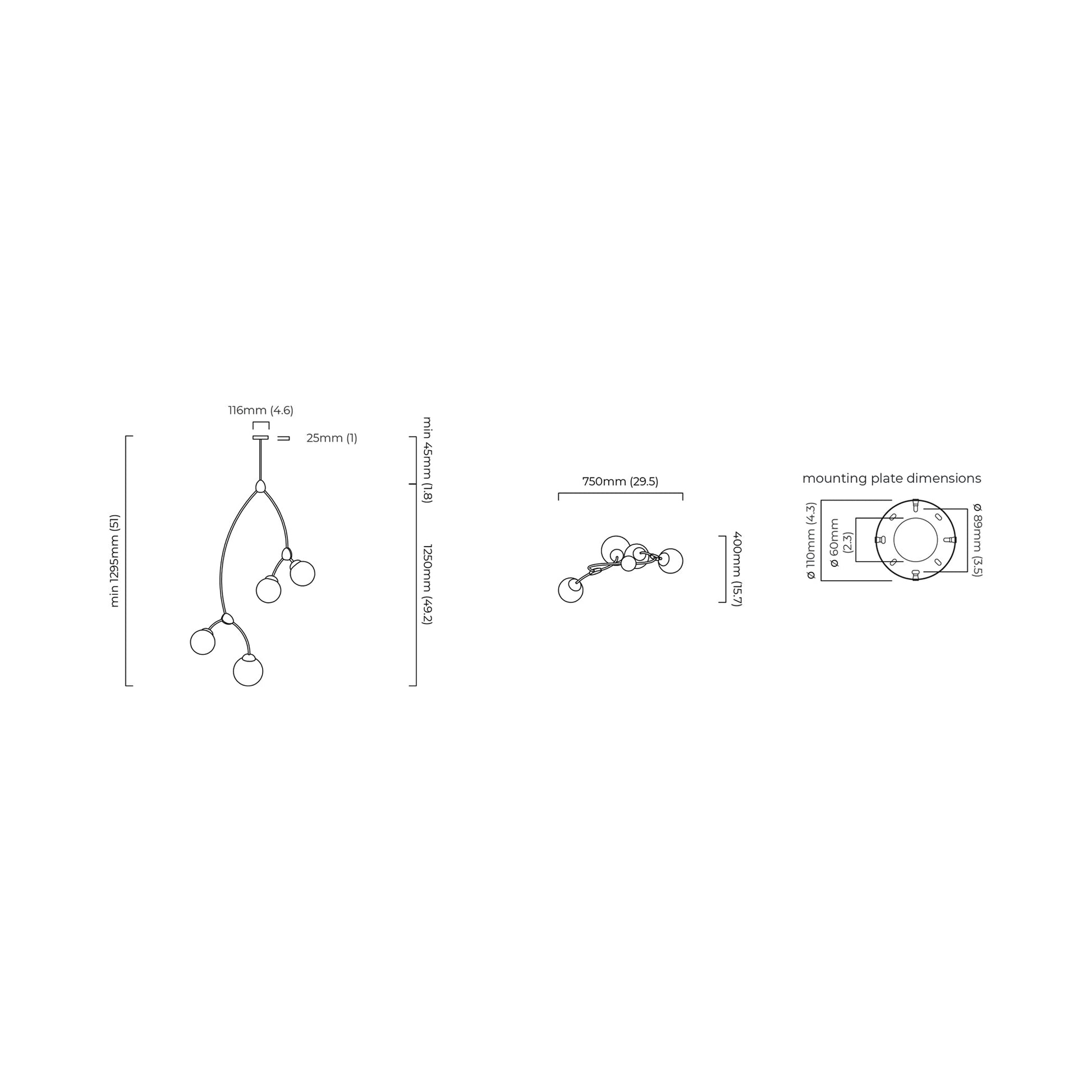 Ivy Vertical Pendant Light - line drawing.