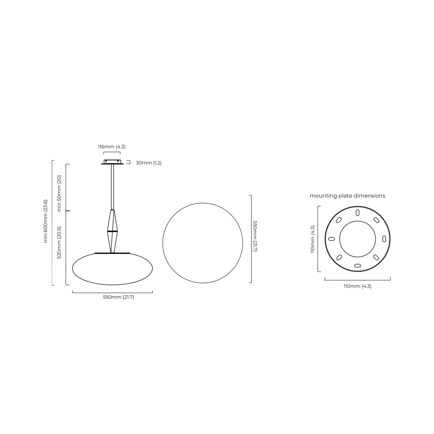 Jules Pendant Light - line drawing.