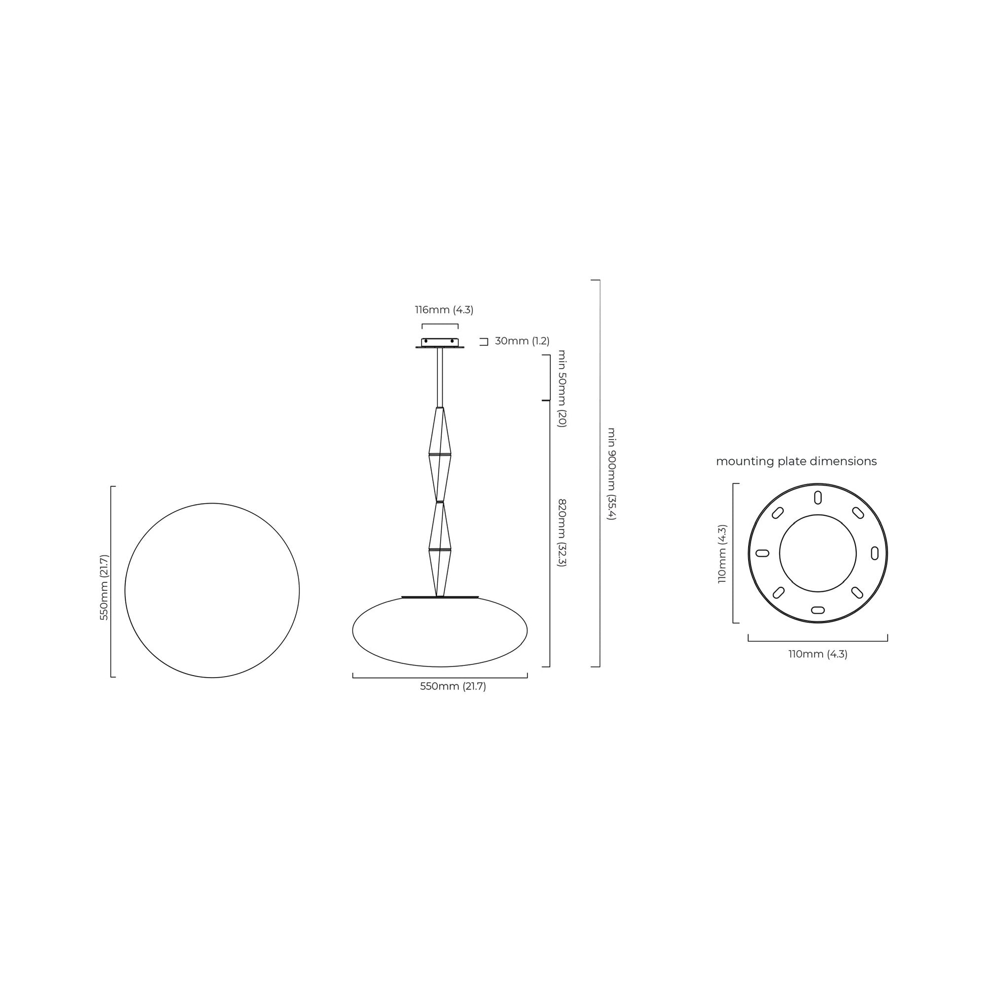 Jules Pendant Light - line drawing.