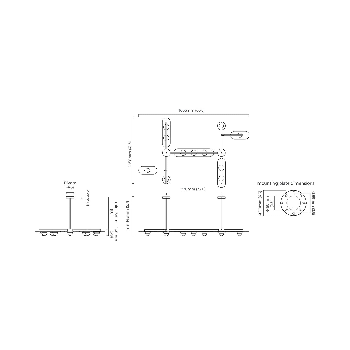 Modulo Grid Linear LED Pendant Light - line drawing.