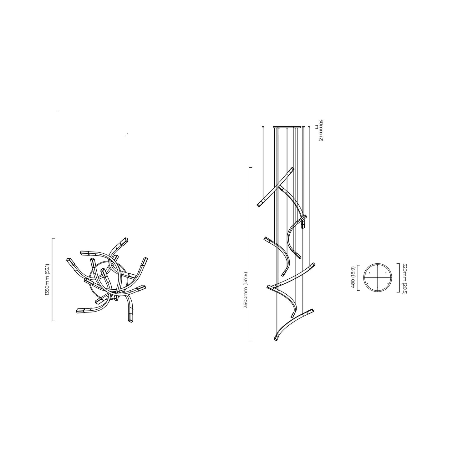 Trace Free Fall LED Pendant Light - line drawing.