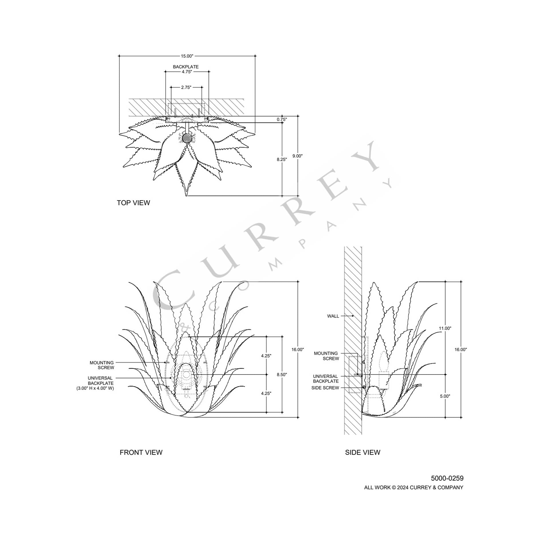 Agave Wall Light - line drawing.