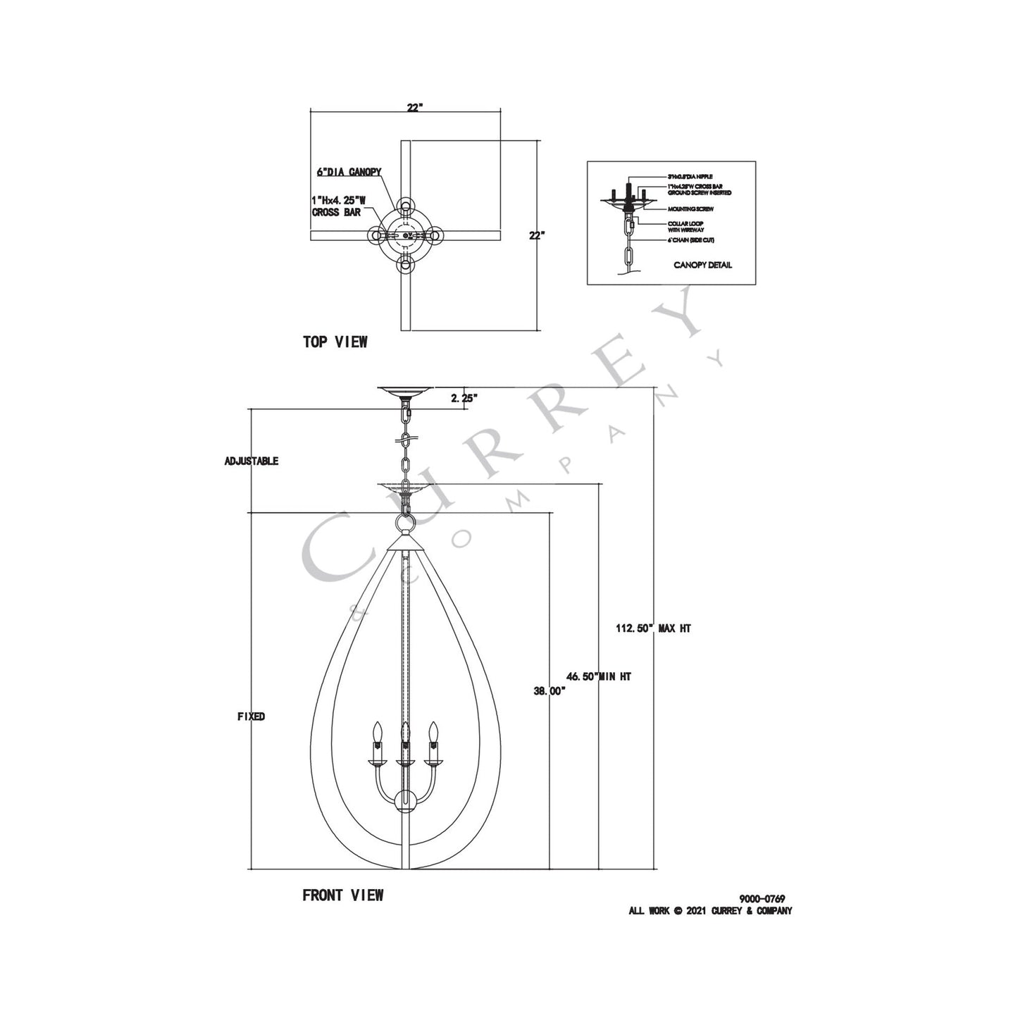 Arietta Teardrop Chandelier - line drawing.