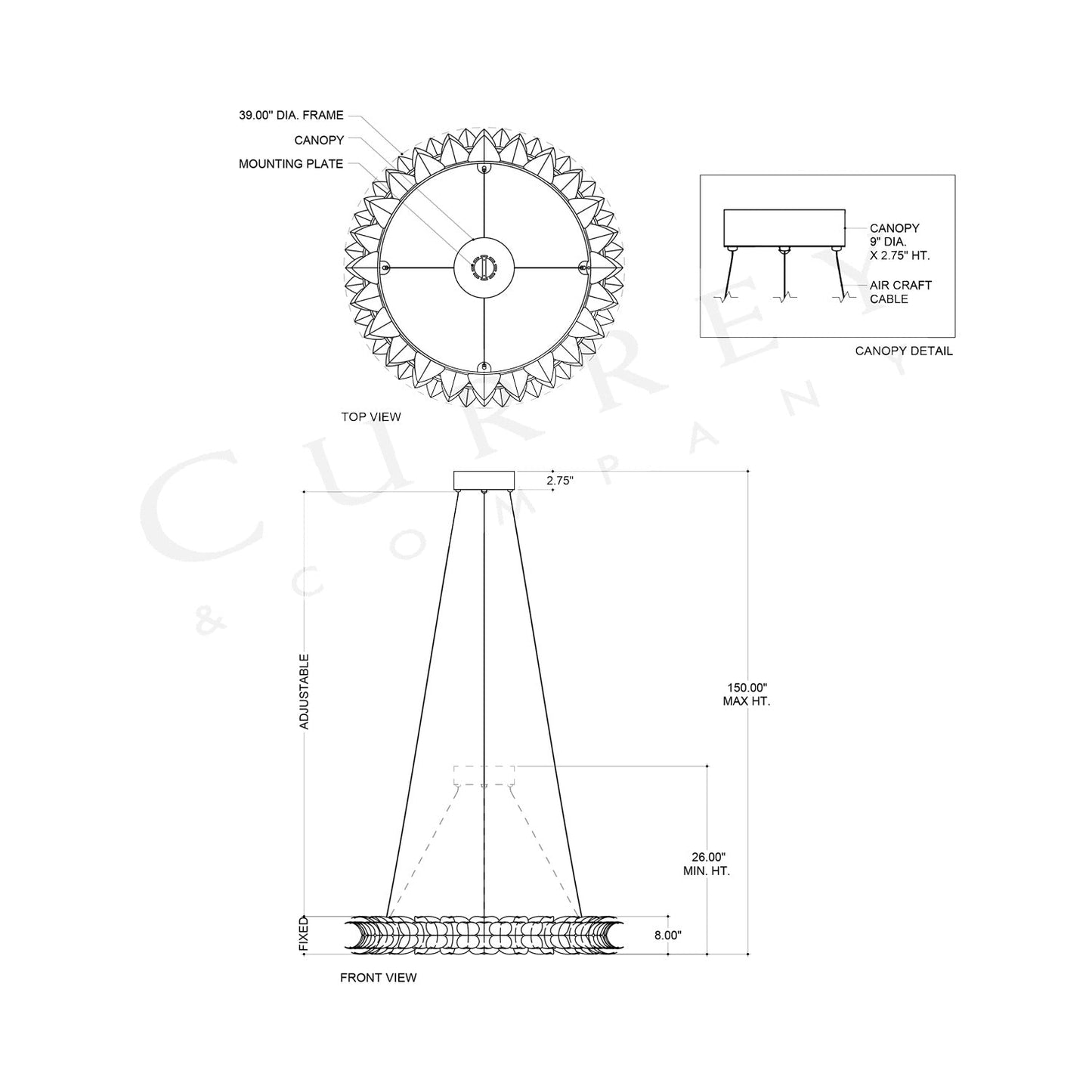 Aventine LED Chandelier - line drawing.
