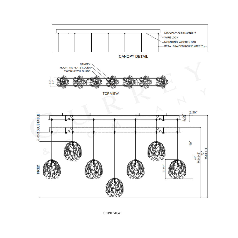 Banyan Linear Pendant Light - line drawing.