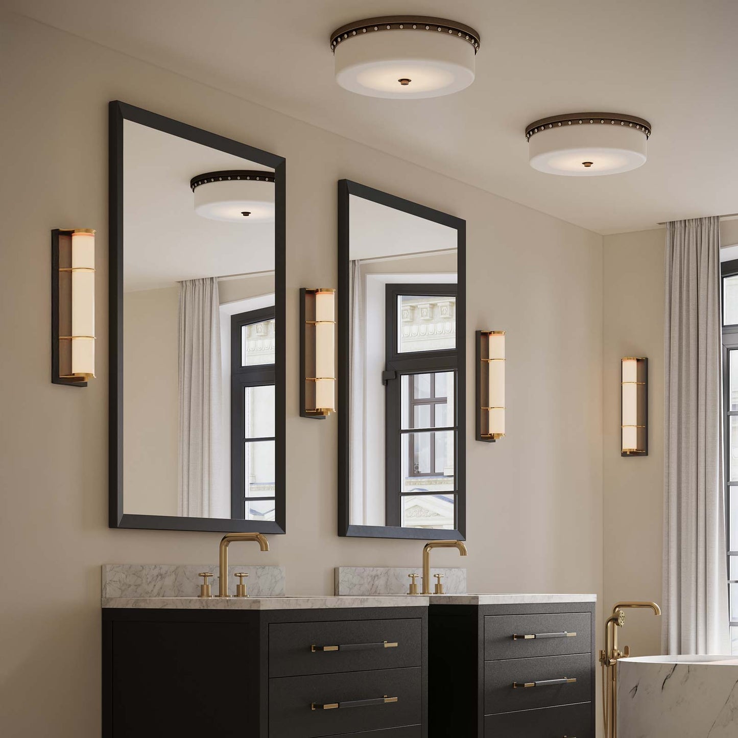Barnabe LED Flush Mount Ceiling Light in bathroom.