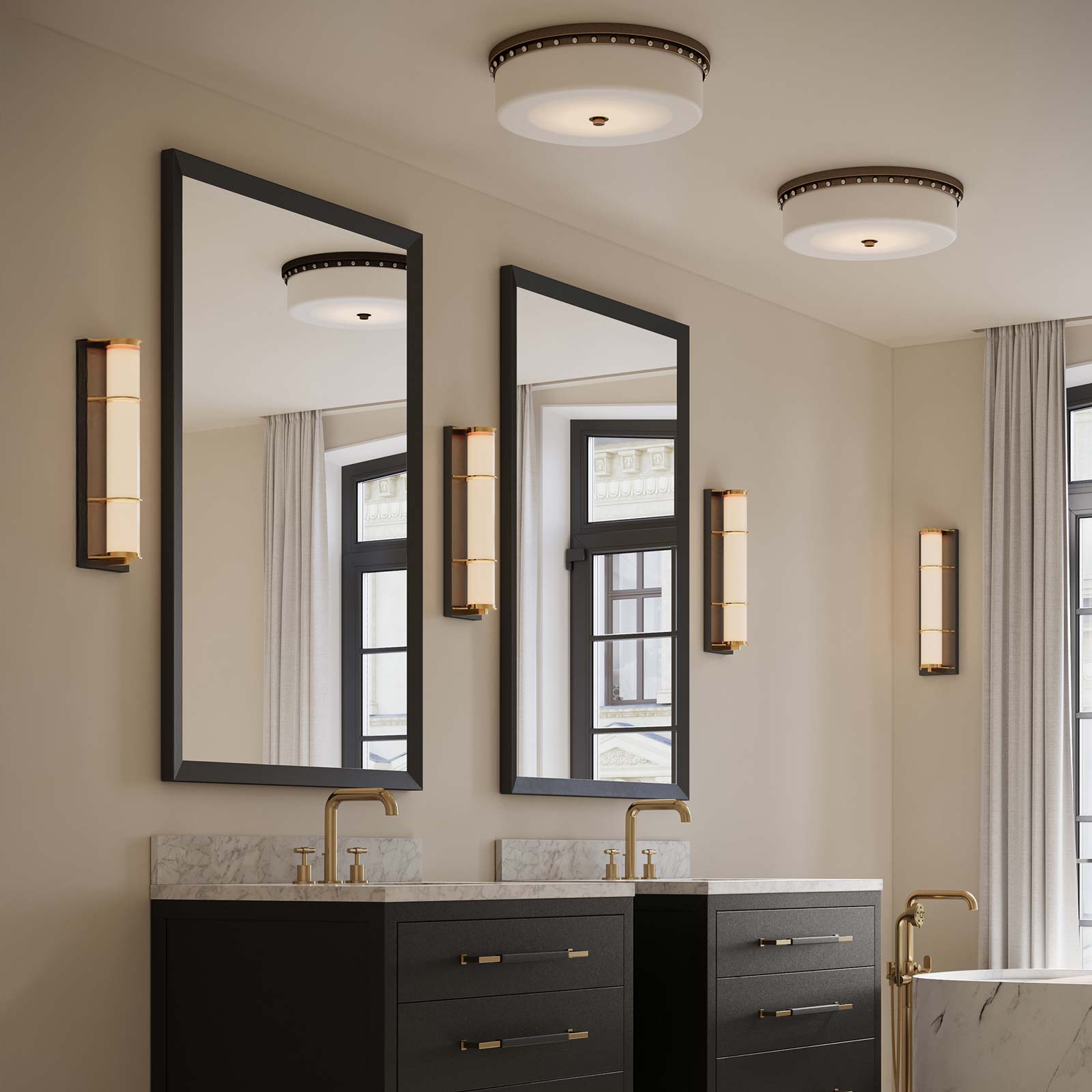 Barnabe LED Flush Mount Ceiling Light in bathroom.