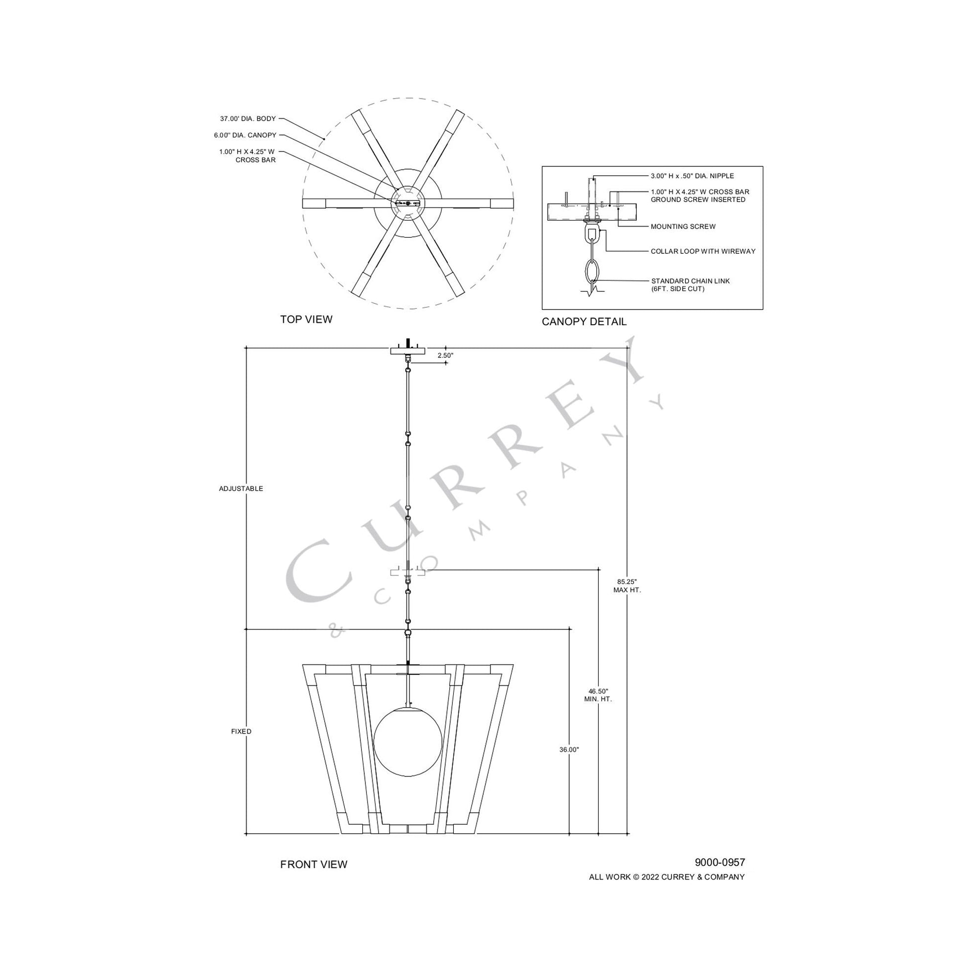 Bastian Globe Pendant Light - line drawing.