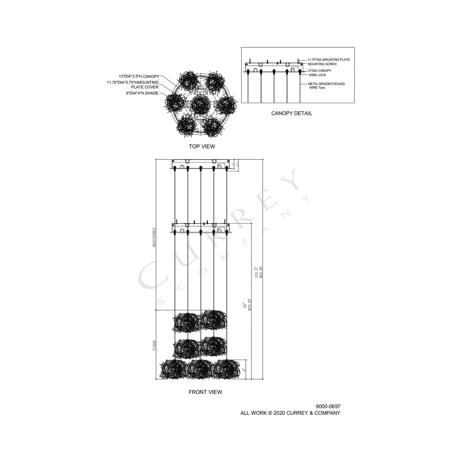 Birds Nest Multi Pendant Light - line drawing.