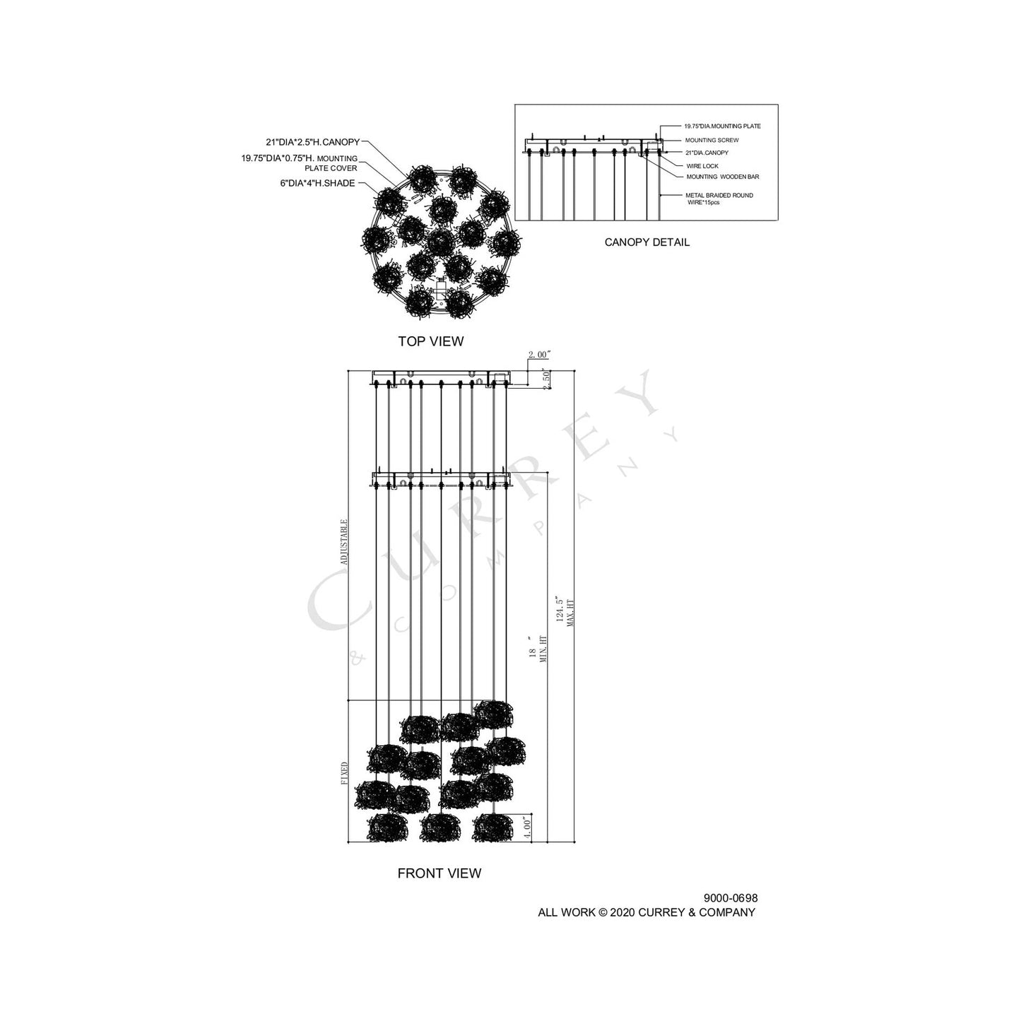 Birds Nest Multi Pendant Light - line drawing.