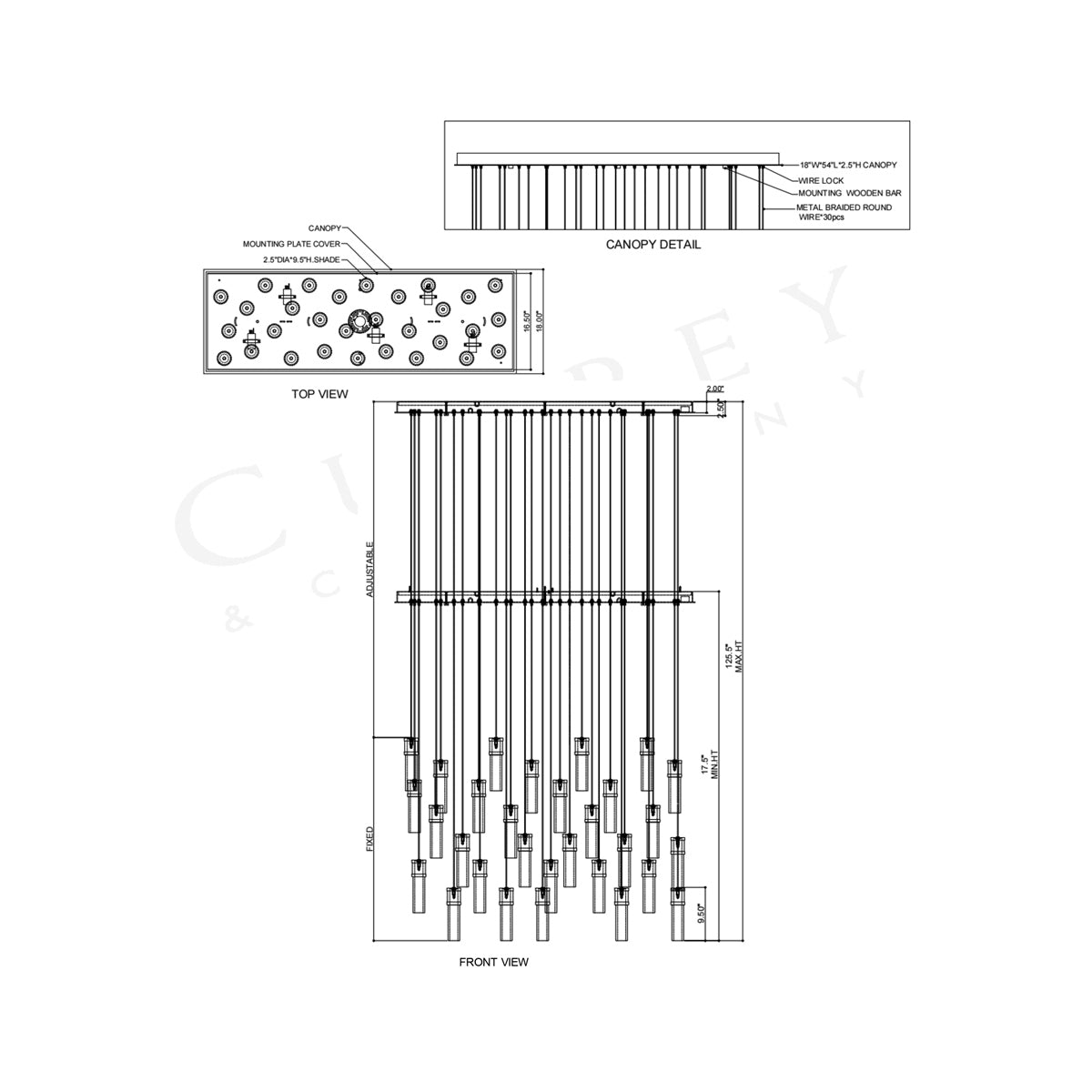 Cannula Linear Pendant Light - line drawing.