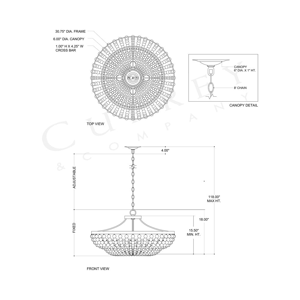 Chanteuse Semi-Flush Convertible Pendant Light - line drawing.