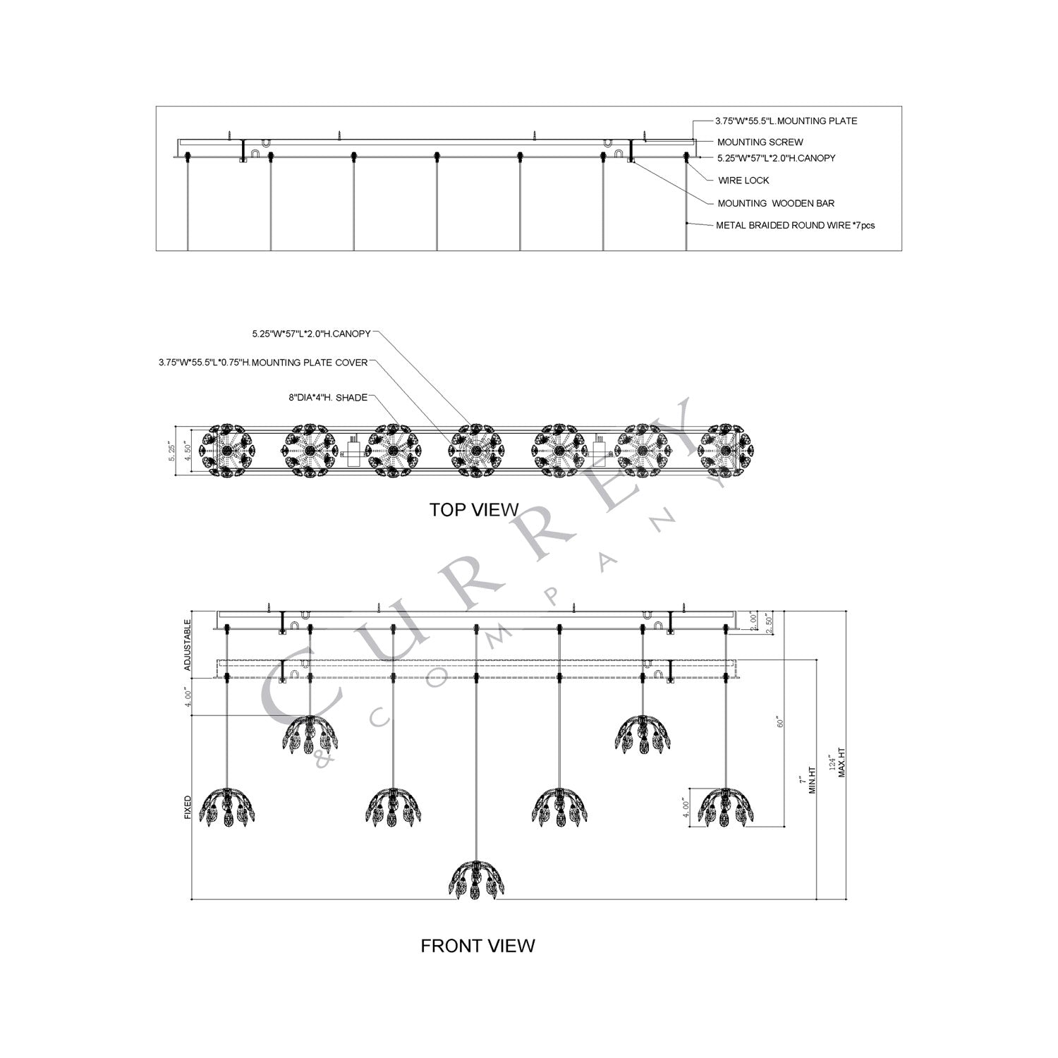 Crystal Bud Linear Multi Pendant Light - line drawing.