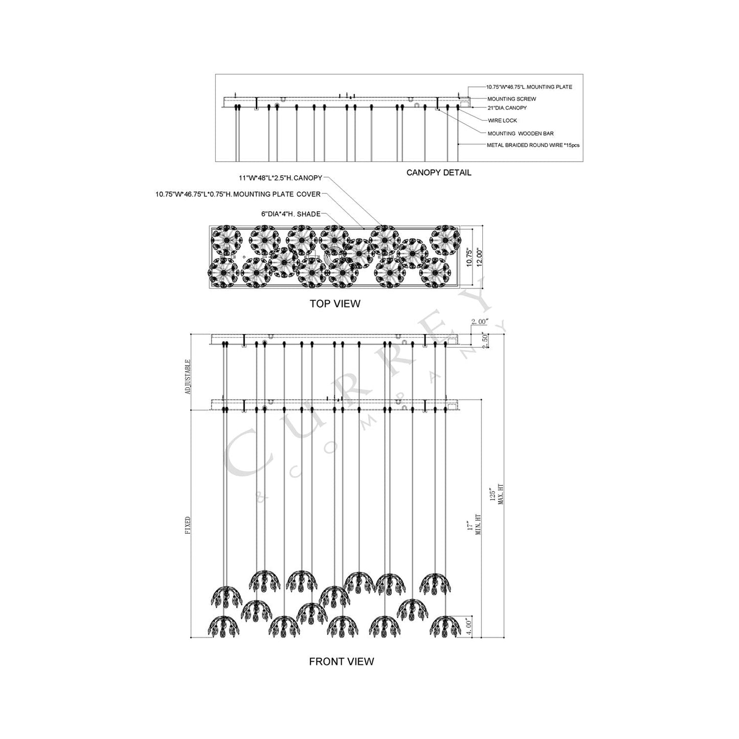 Crystal Bud Linear Multi Pendant Light - line drawing.