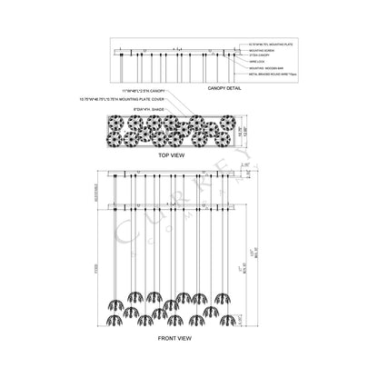 Crystal Bud Linear Multi Pendant Light - line drawing.