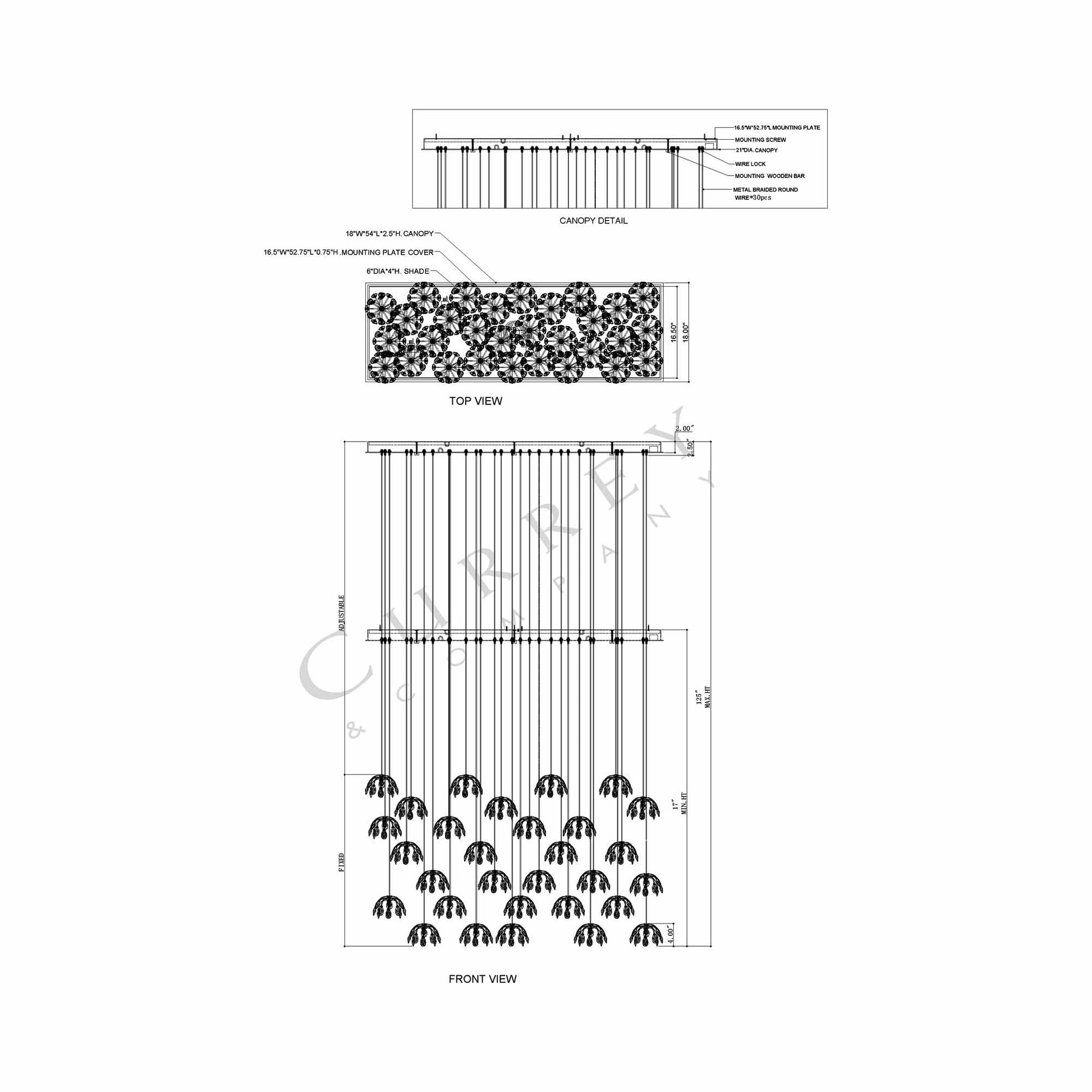 Crystal Bud Linear Multi Pendant Light - line drawing.