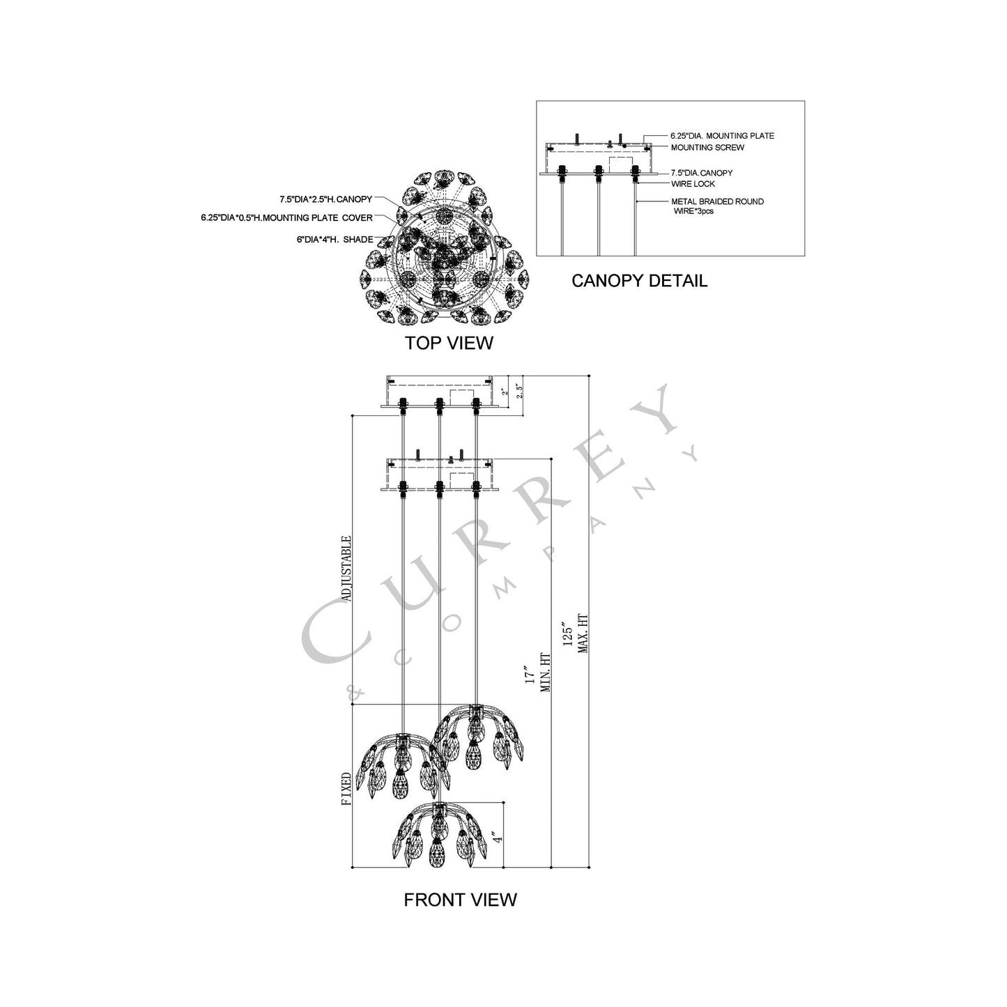 Crystal Bud Multi Pendant Light - line drawing.