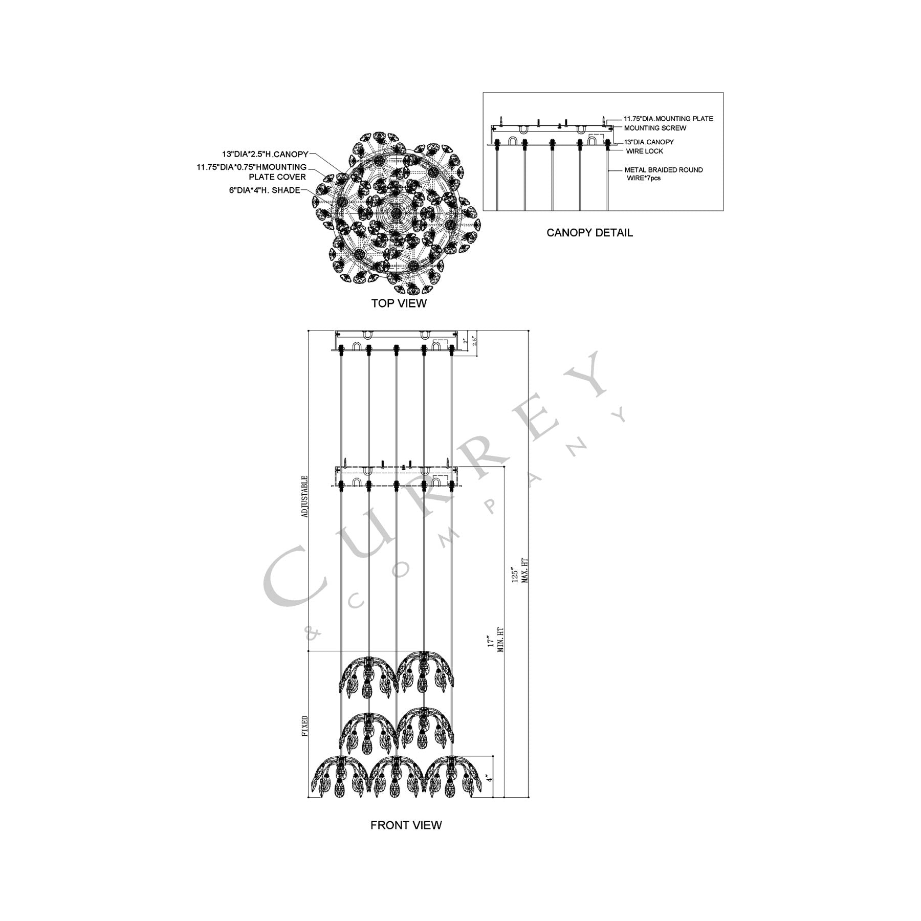 Crystal Bud Multi Pendant Light - line drawing.