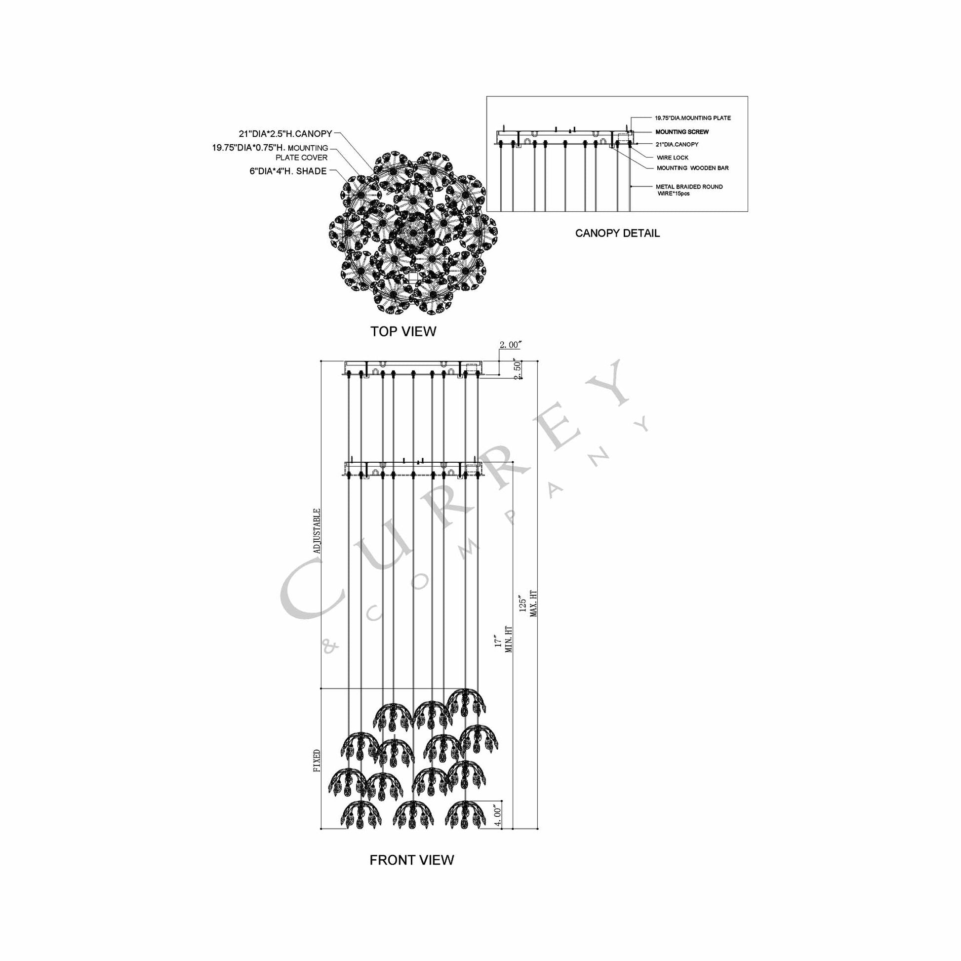 Crystal Bud Multi Pendant Light - line drawing.