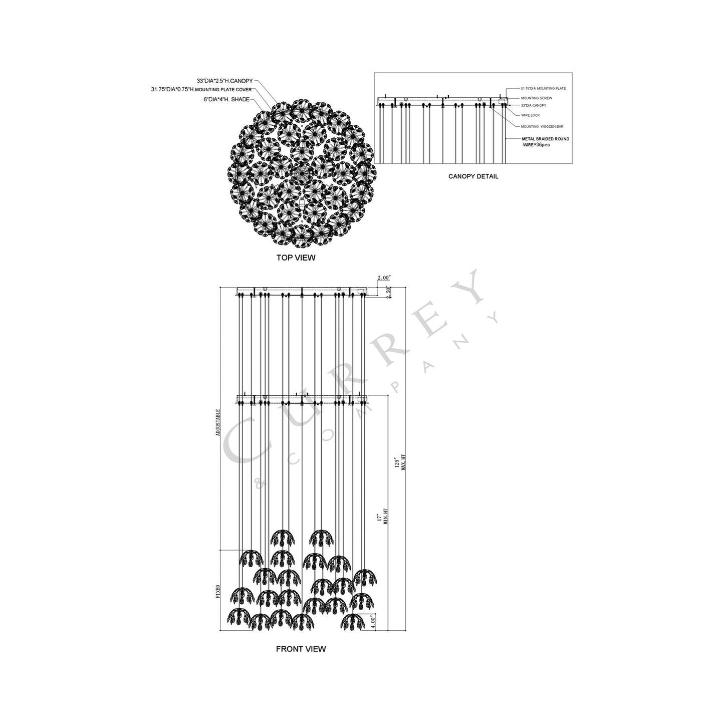 Crystal Bud Multi Pendant Light - line drawing.